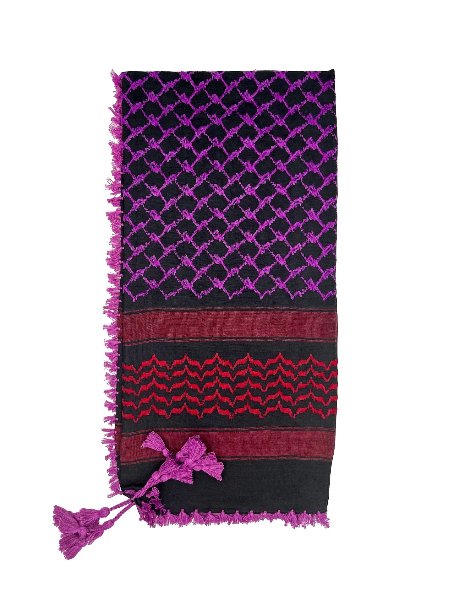Kuffiyeh palestina vibrante en rojo, rosa y negro de YAFA ARTS