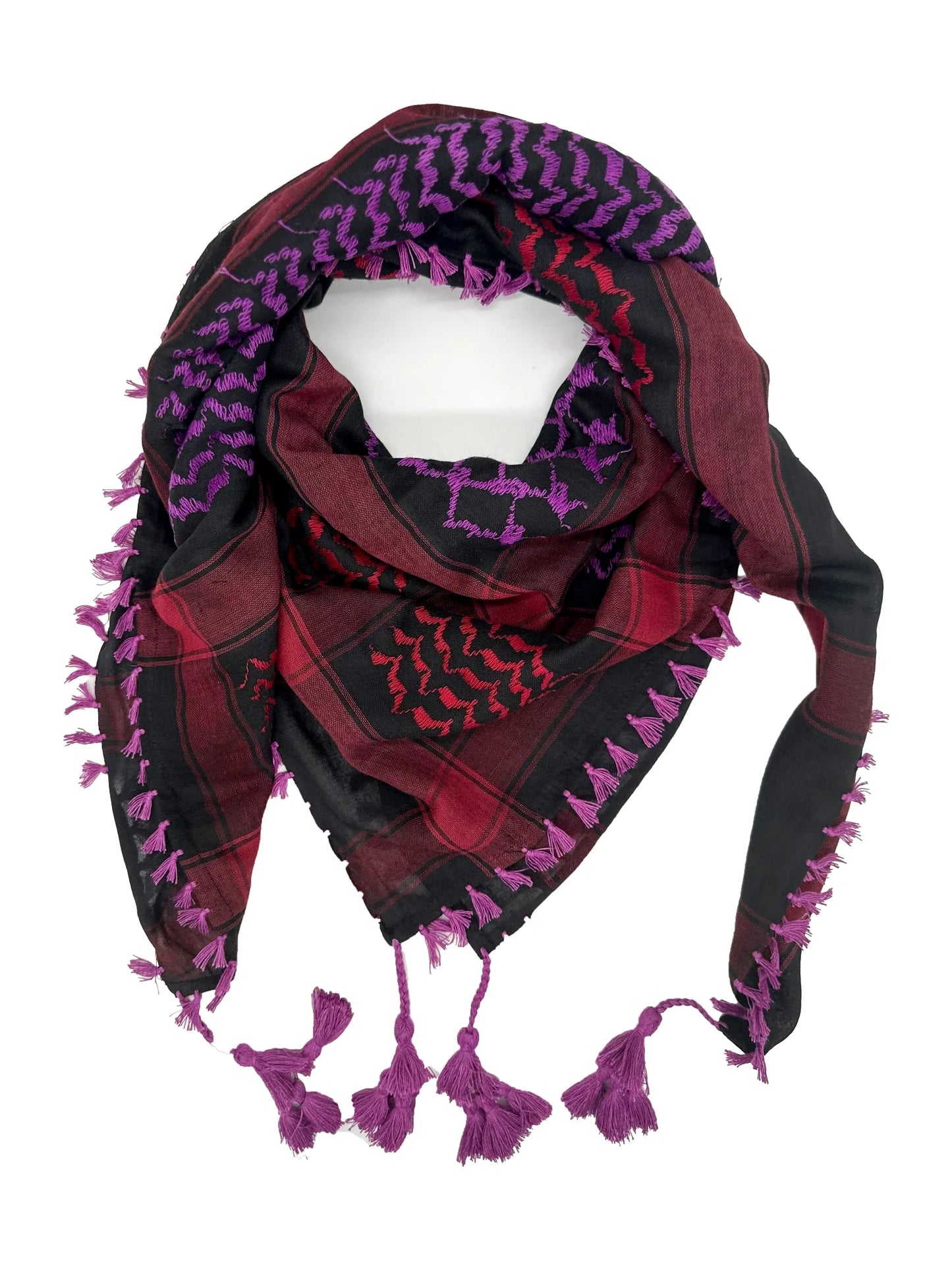 Kuffiyeh palestina vibrante en rojo, rosa y negro de YAFA ARTS