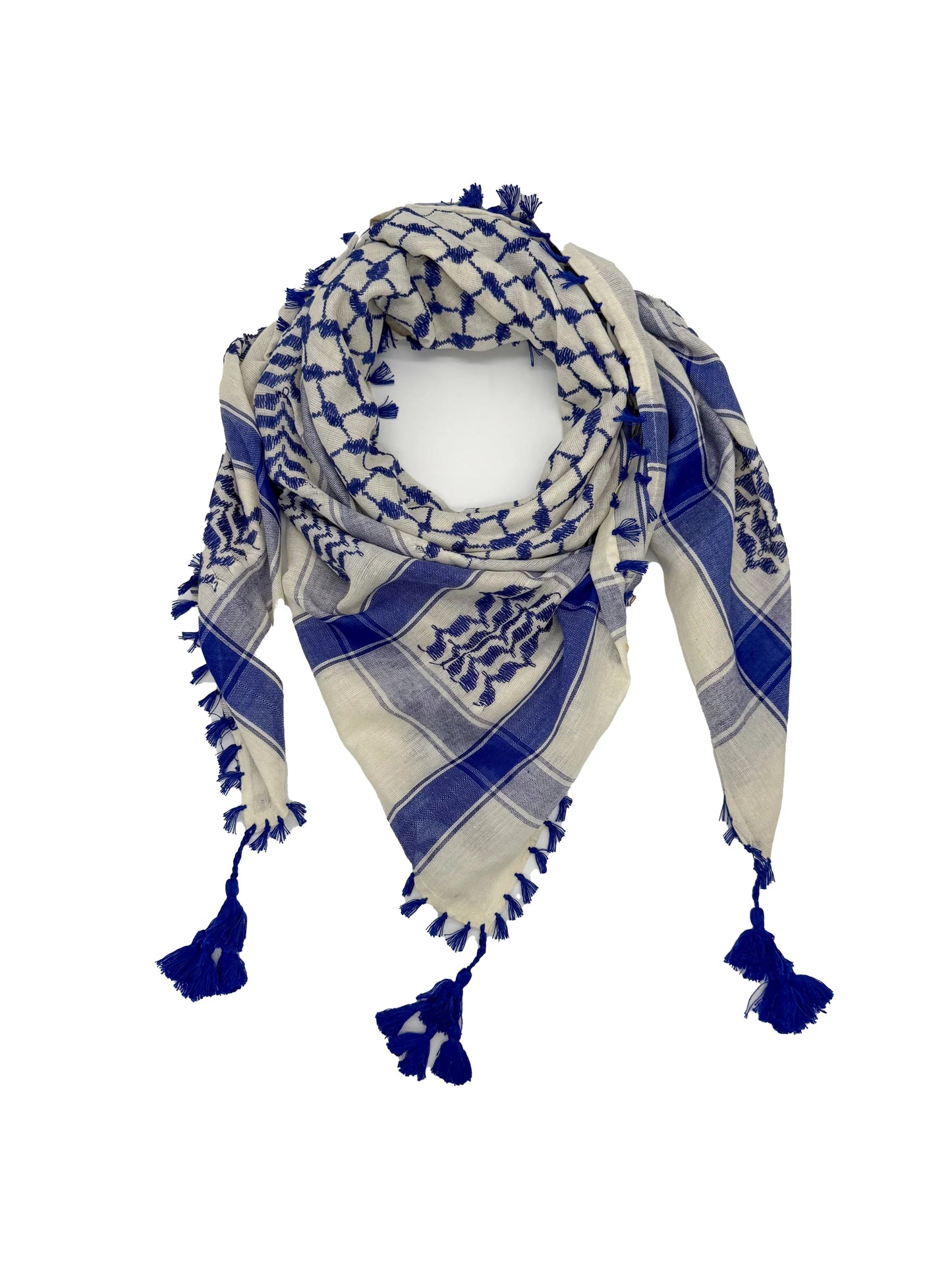 Kuffiyeh de lino blanco y azul: kuffiyah palestina hecha a mano