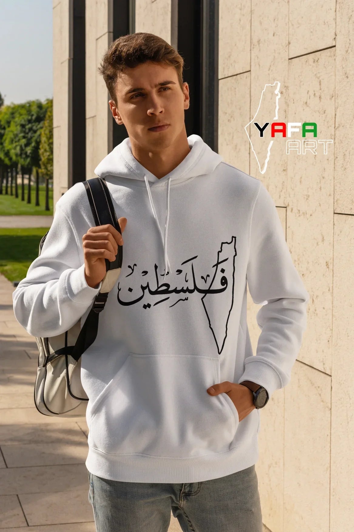 Cotton hoodie for both genders with a map of Palestine logo