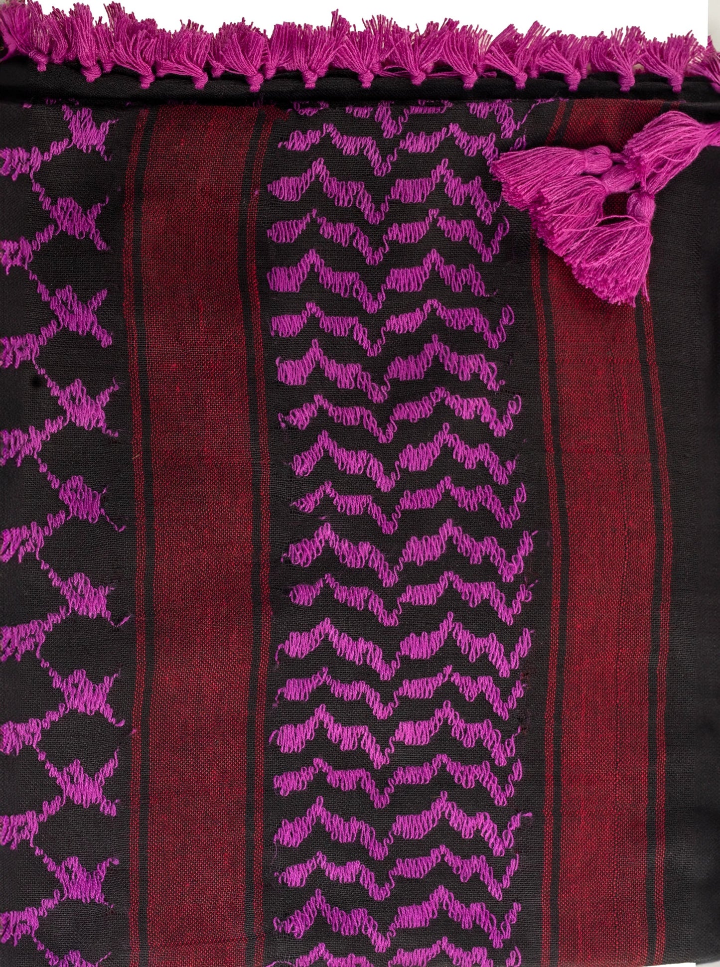 Kuffiyeh palestina vibrante en rojo, rosa y negro de YAFA ARTS