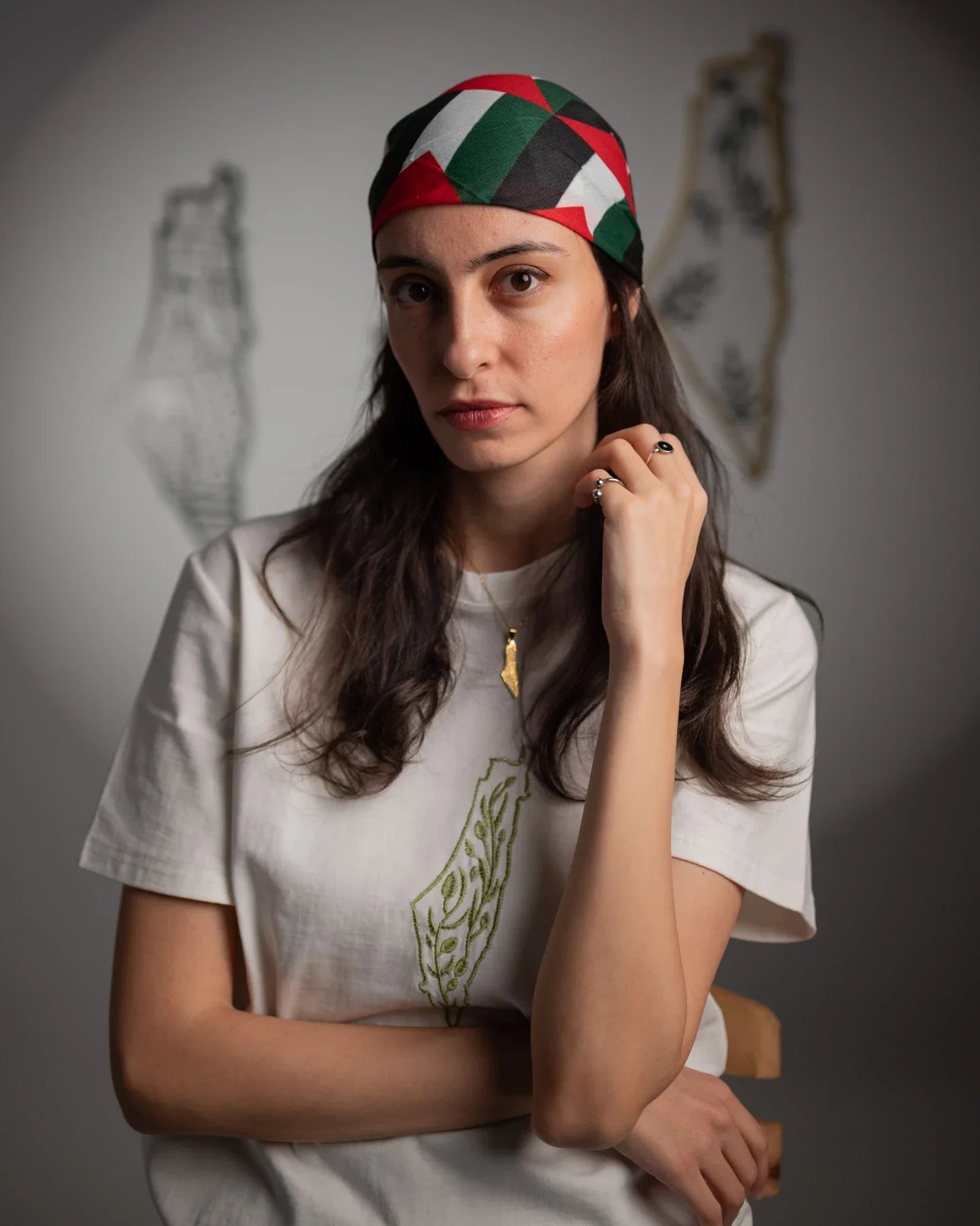Camiseta de algodón bordada con el mapa de oliva de Palestina