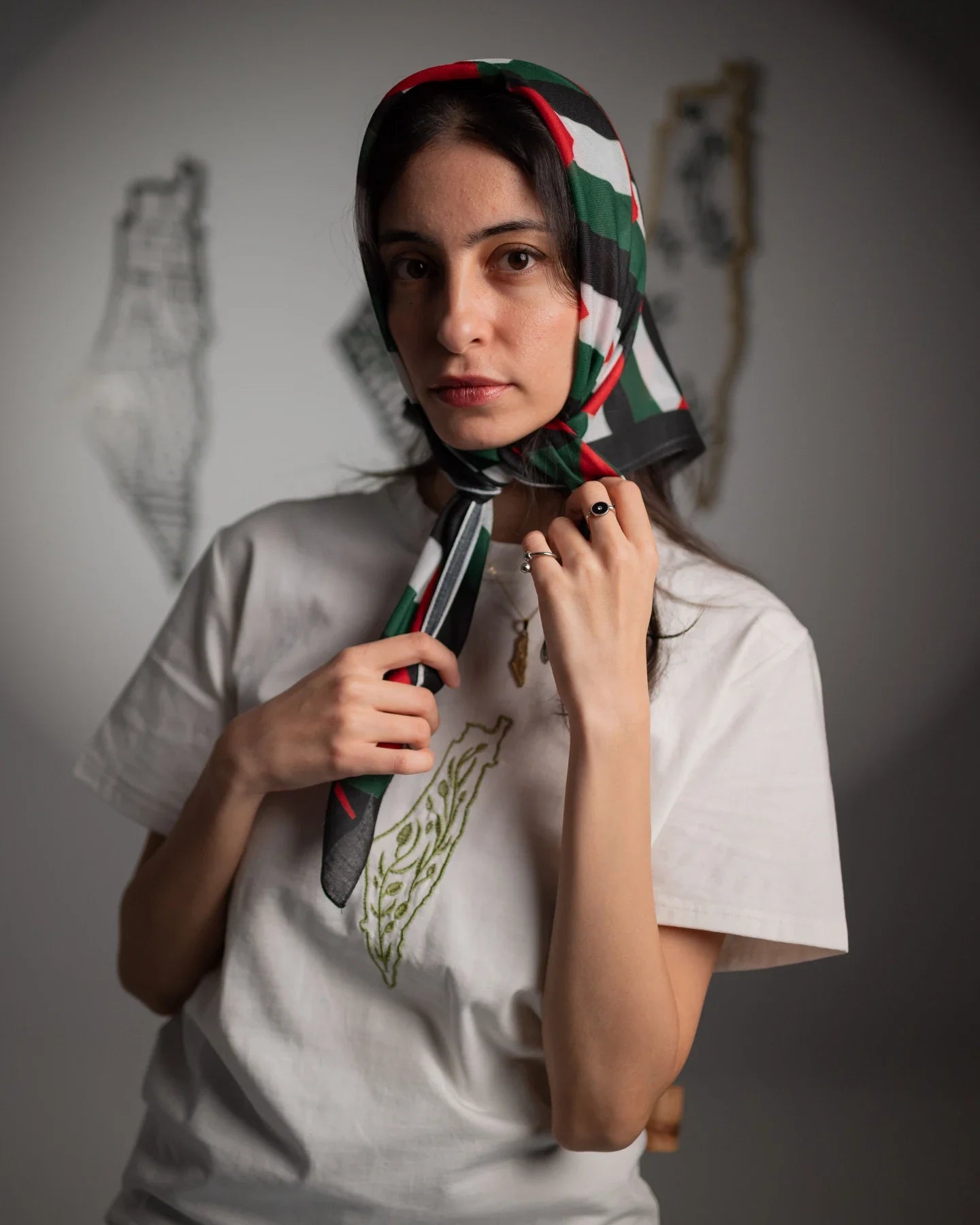 Camiseta de algodón bordada con el mapa de oliva de Palestina