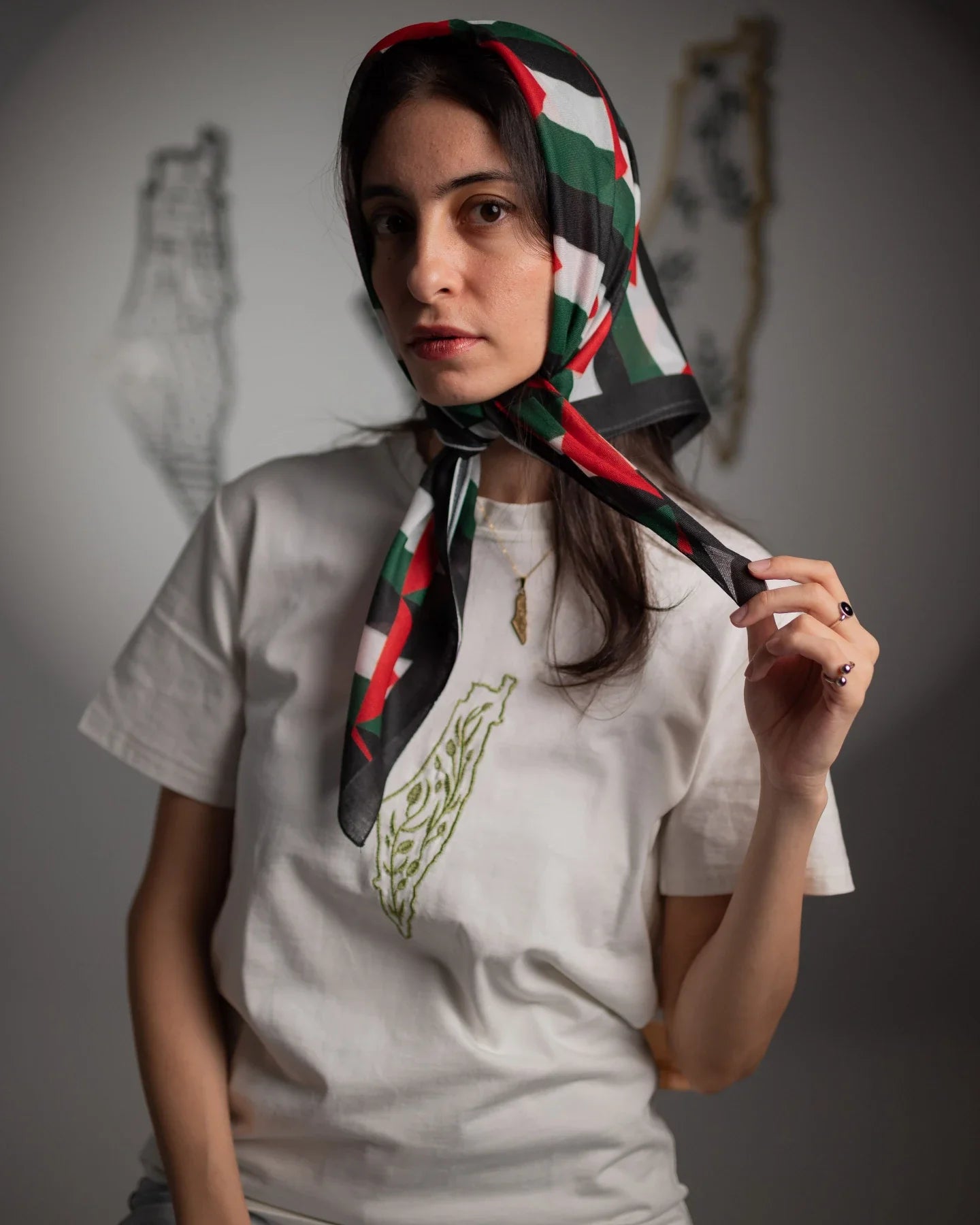Camiseta de algodón bordada con el mapa de oliva de Palestina
