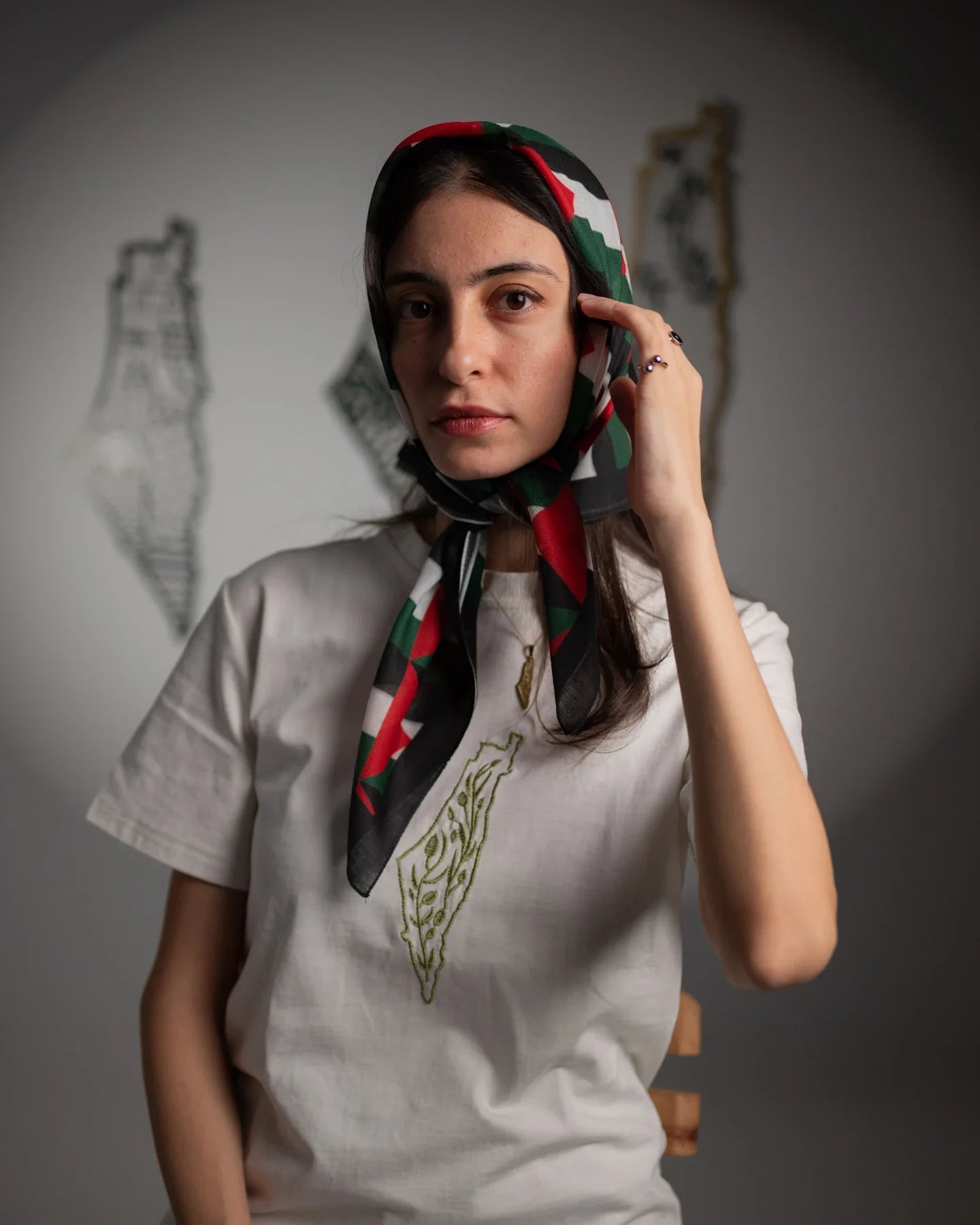 Camiseta de algodón bordada con el mapa de oliva de Palestina