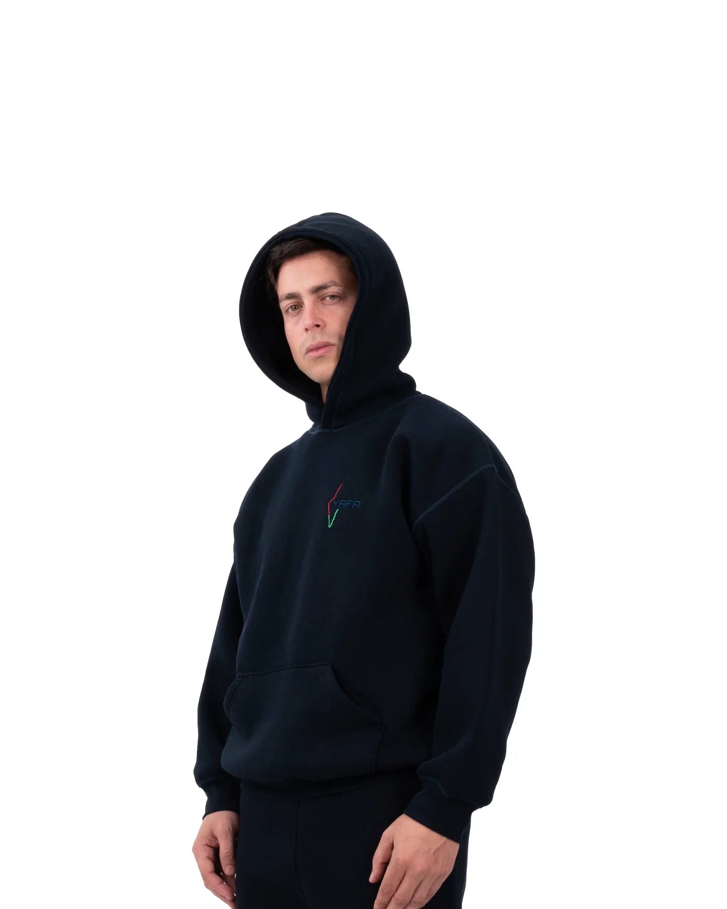 SUDADERA CON CAPUCHA YAFA AZUL MARINO CON COSTURAS – EDICIÓN RESPETO A LA EXISTENCIA