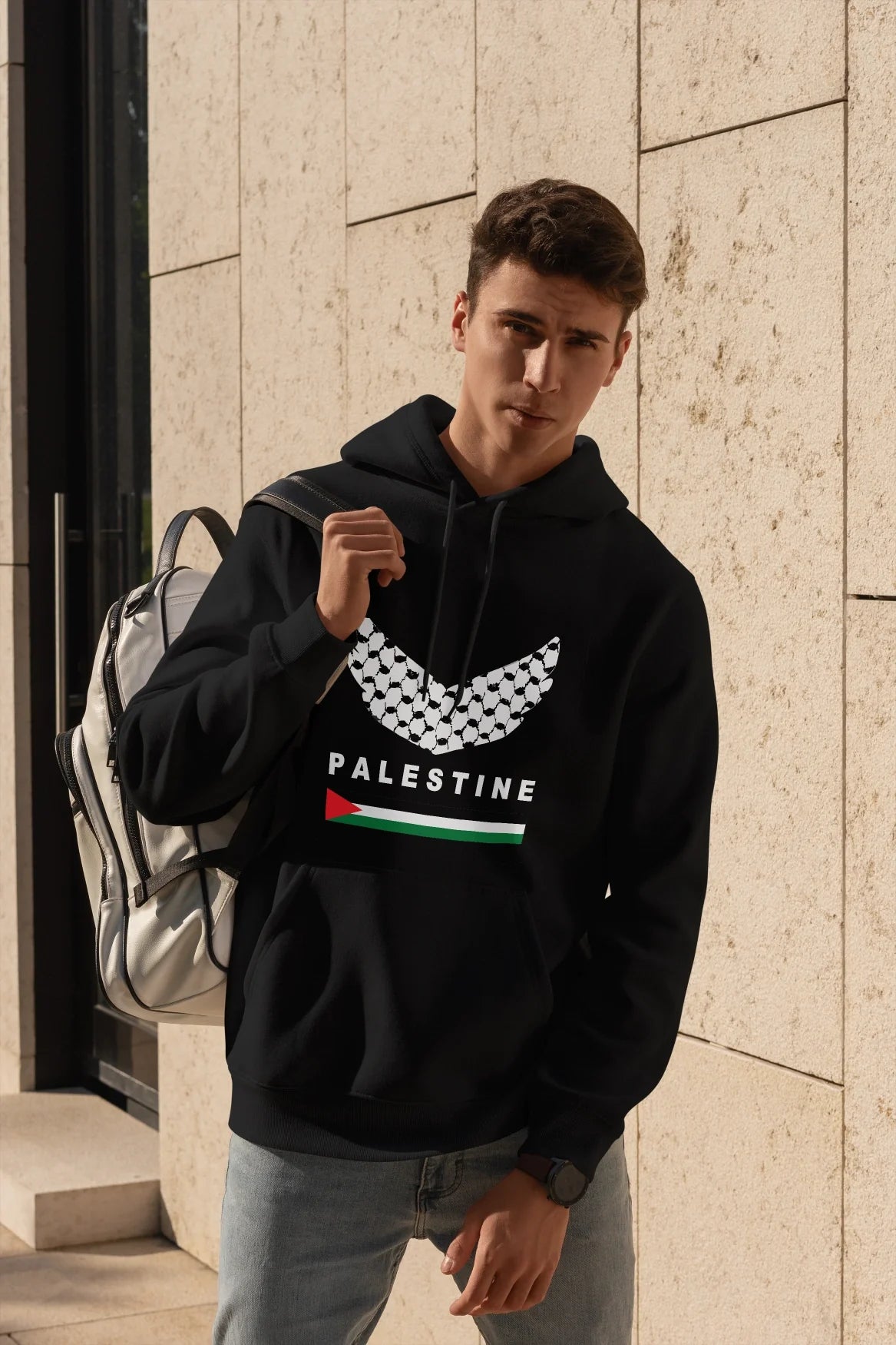 Cotton unisex hoodie with a design of the Palestinian fishing net